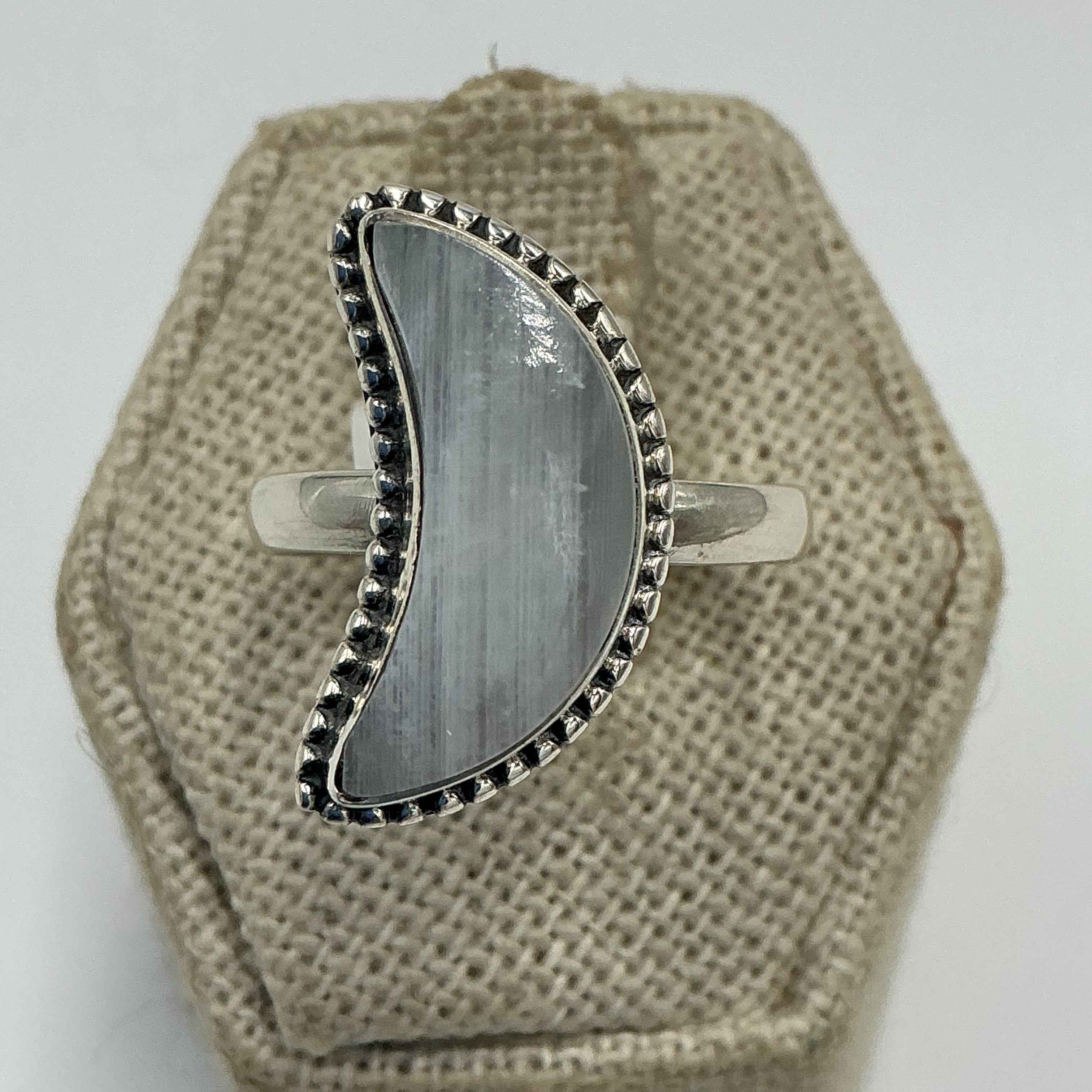 Sterling Silver Rainbow Moonstone Crescent Moon Ring – Size 9 – Intuition, Inner Wisdom & New Beginnings