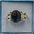 Sterling Silver Labradorite Ornate Round Ring - Size 9 - Royal Protection