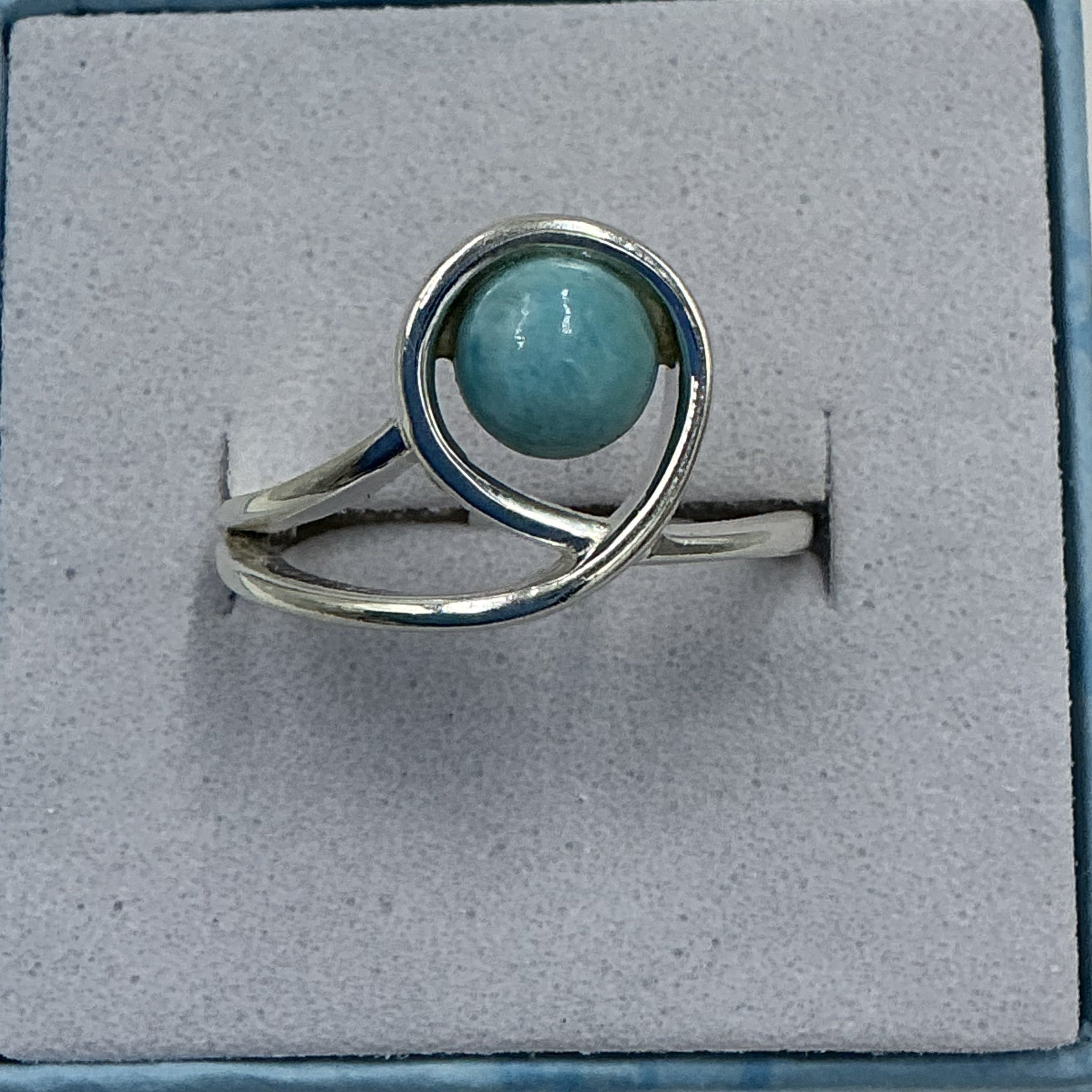 Sterling Silver Larimar Wave Round Ring - Size 6 - Calm & Communication