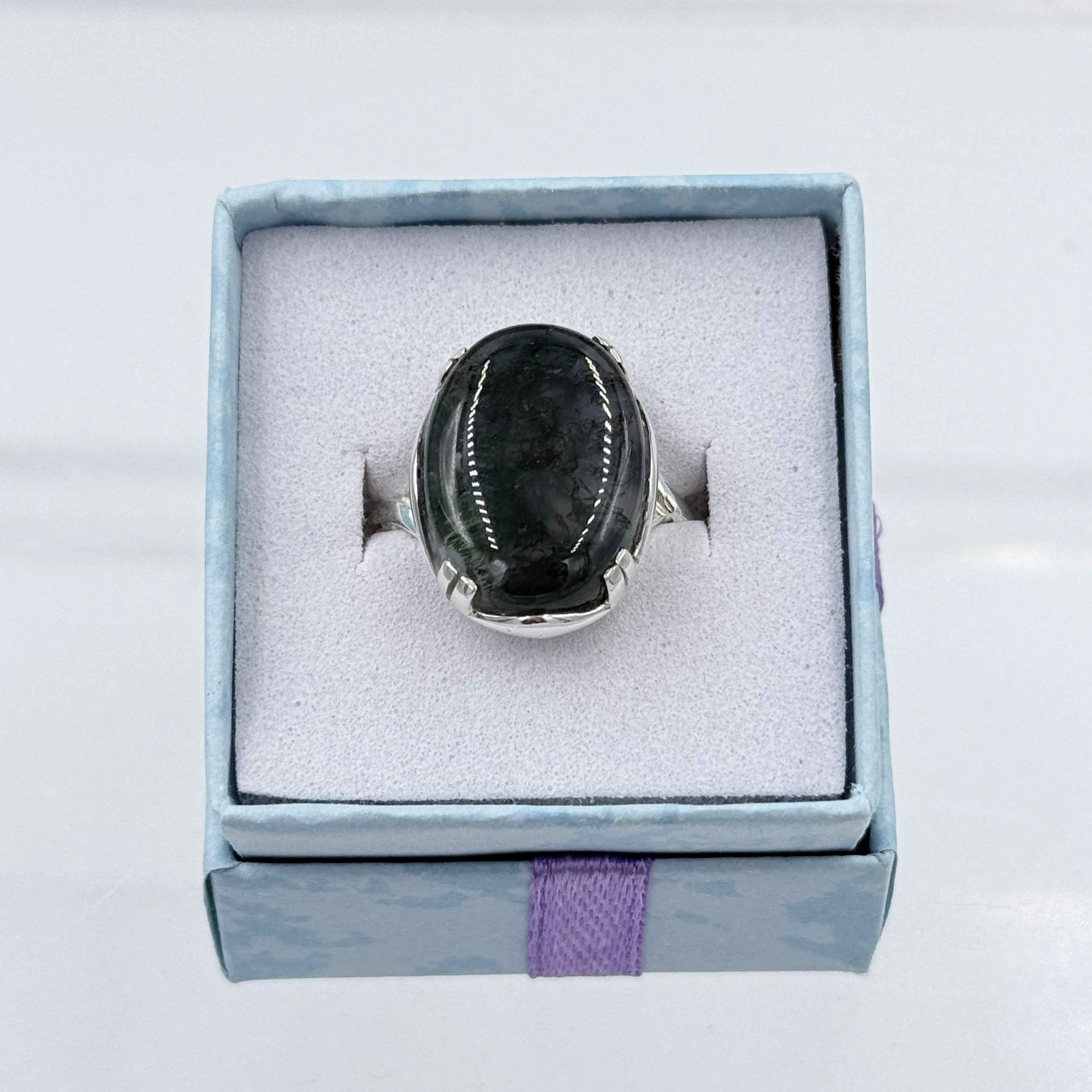 Sterling Silver Cross Banded Oval Moss Agate Ring - Size 10 - Grounding, Nurturing & Growth