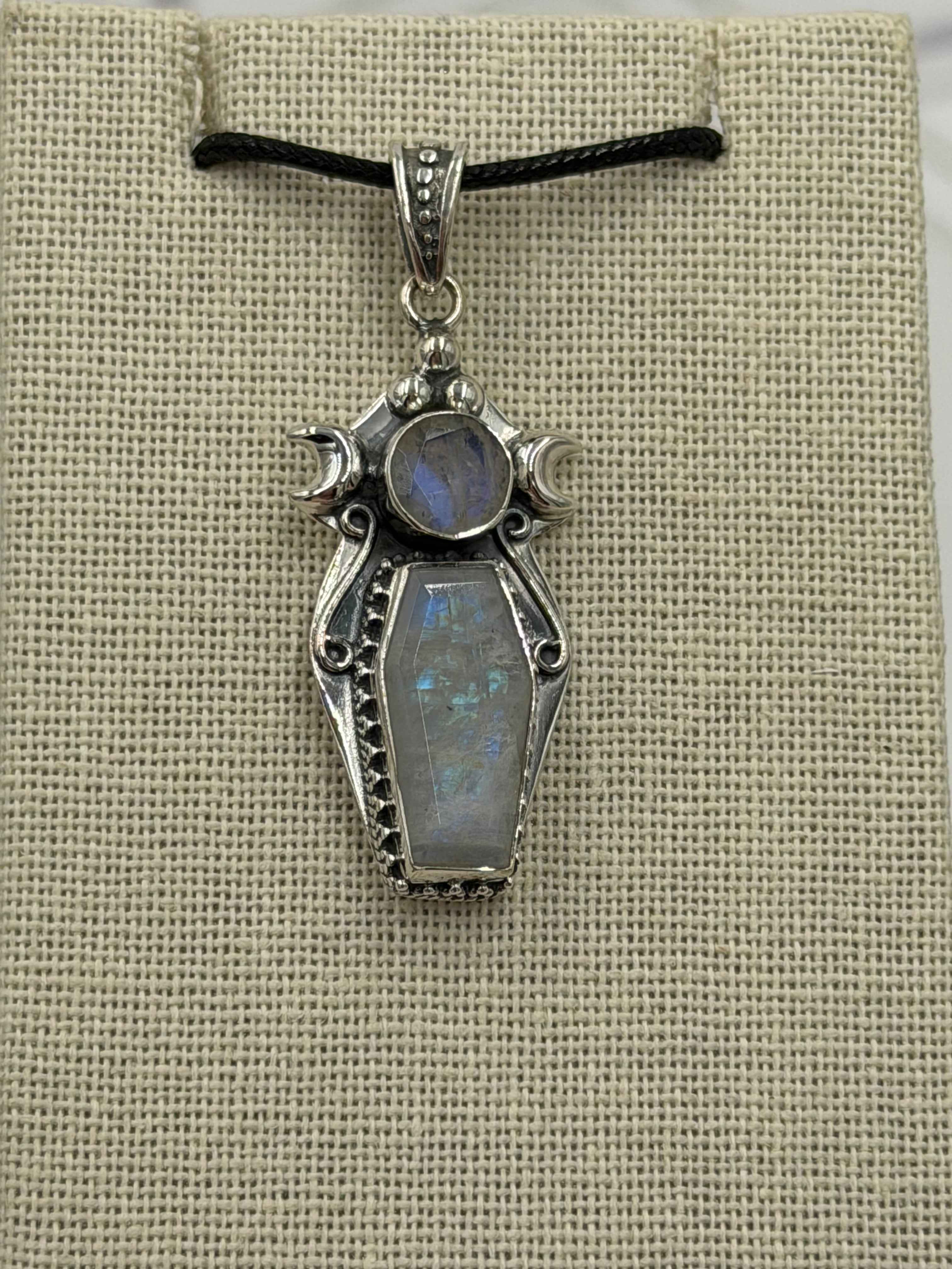 Sterling Silver Triple Moon Coffin Rainbow Moonstone Pendant