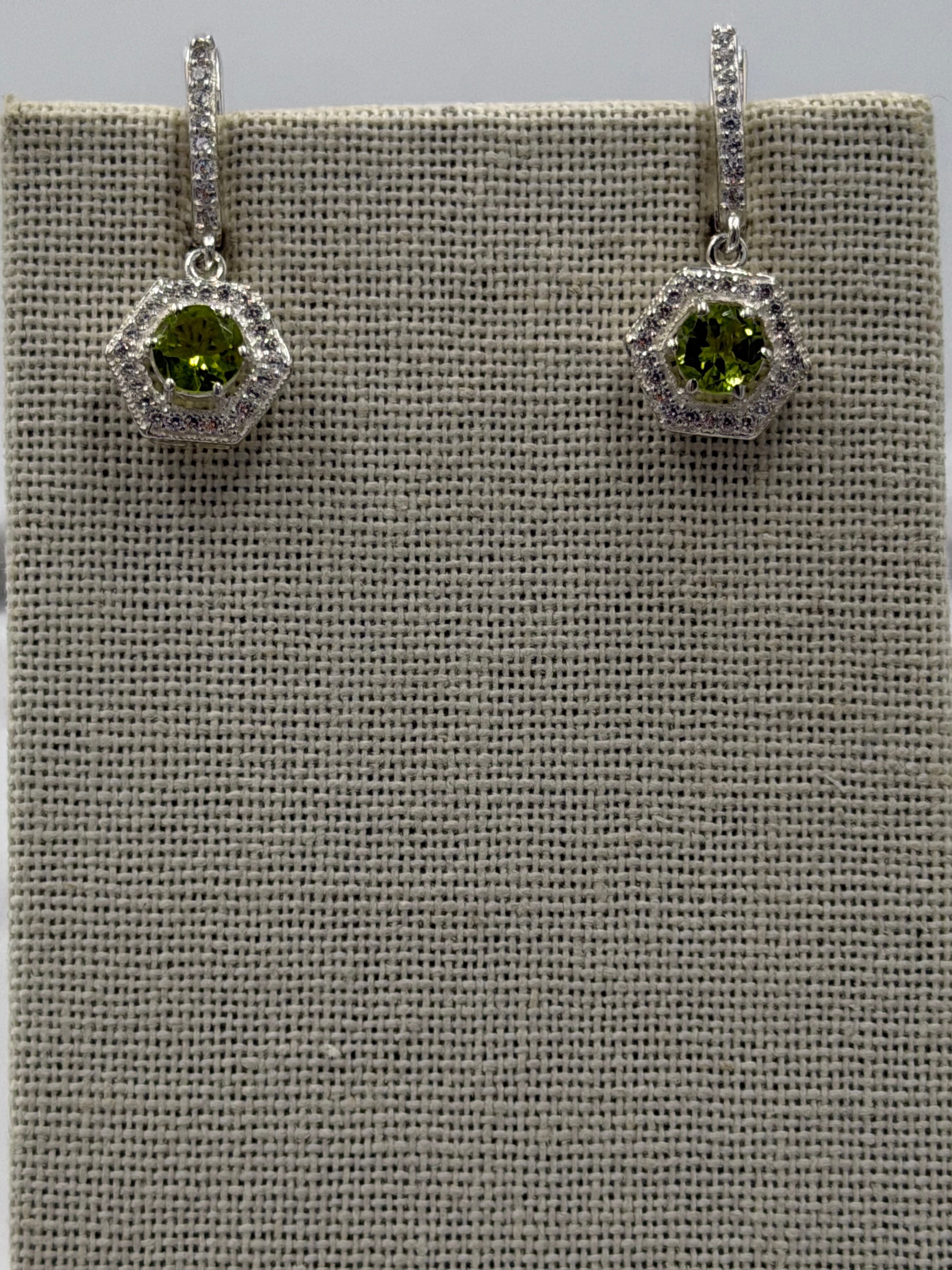 Sterling Silver Sparkled Hexagon Peridot Hoop Earrings