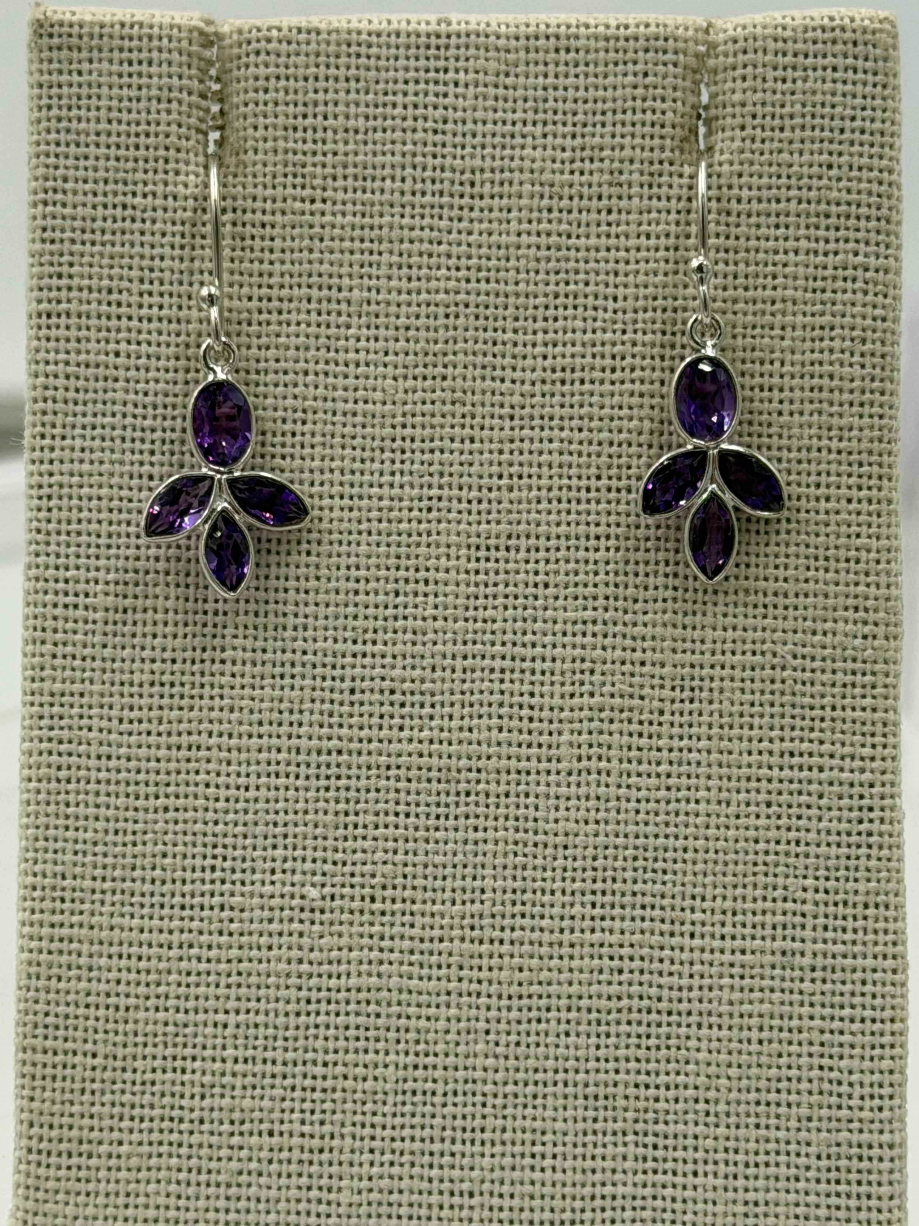 Sterling Silver Leaf Cluster Amethyst Dangle Earrings