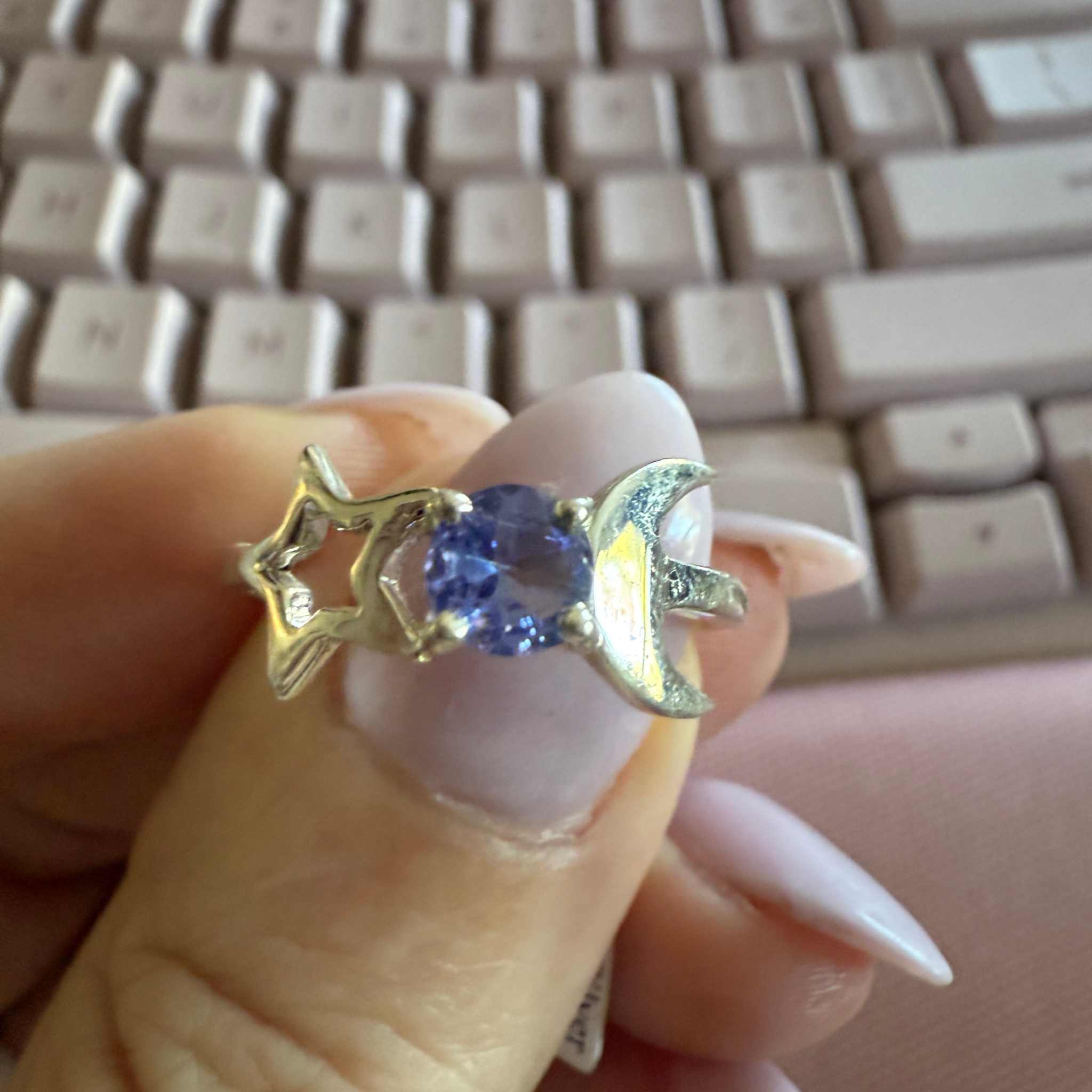 Tanzanite Star & Moon Sterling Silver Ring – Size 9 – Celestial Intuition & Higher Guidance Jewelry