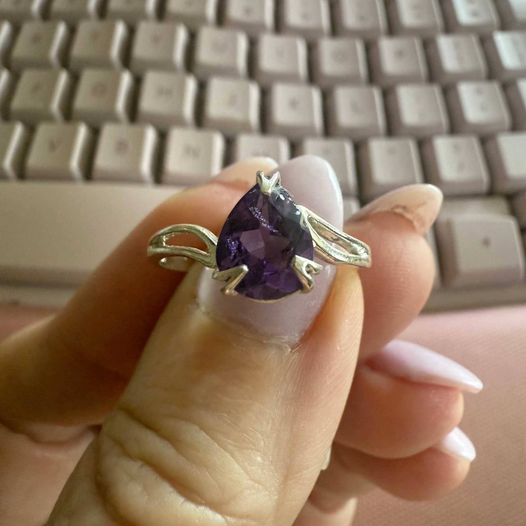 Pear-Cut Amethyst Ring in Sterling Silver – Size 9 – Calming Intuition & Spiritual Protection