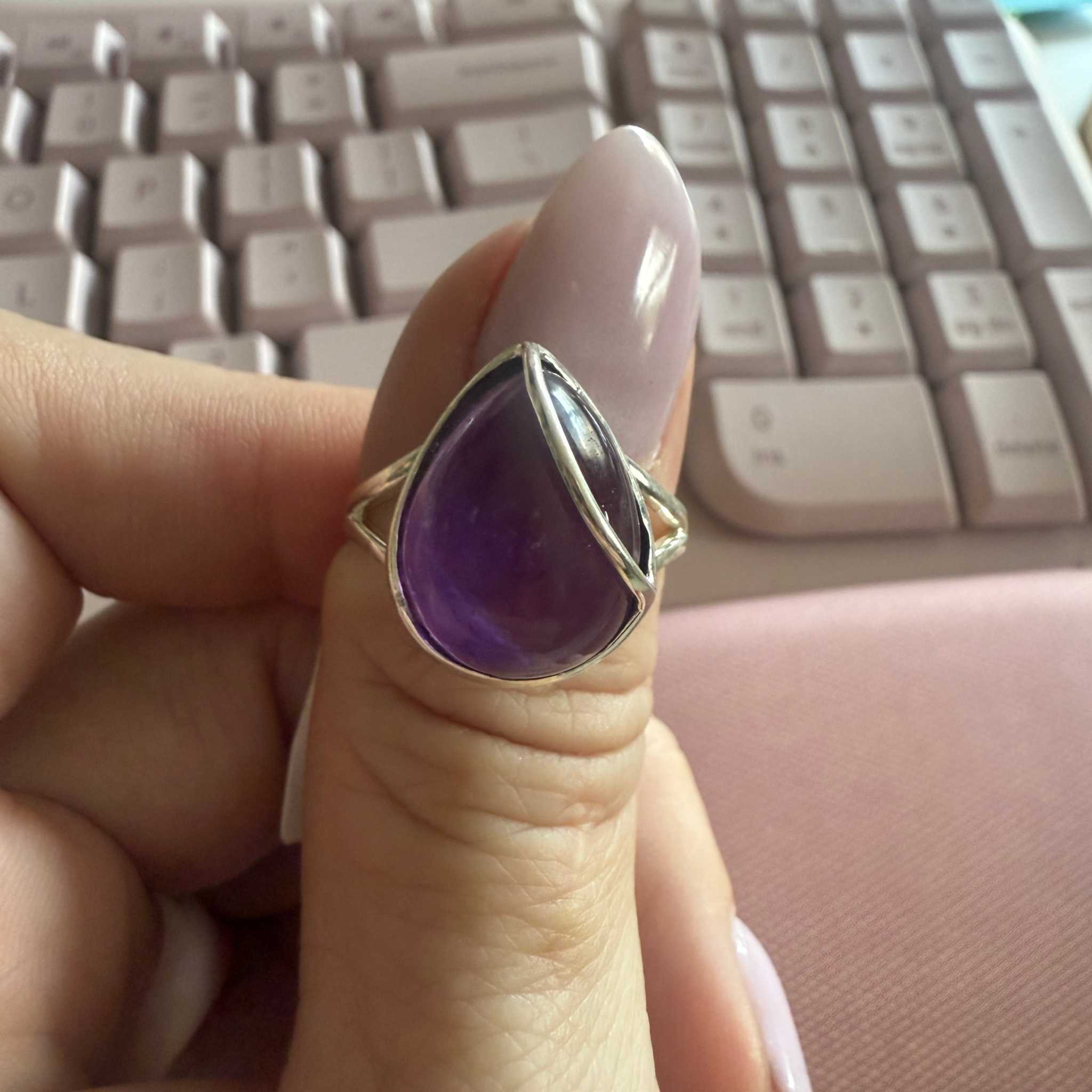 Large Teardrop Amethyst Cabochon Ring – Sterling Silver Wrap Design – Size 9