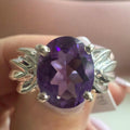 Large Lotus-Detail Amethyst Sterling Silver Ring – Sizes 10, 12, 13