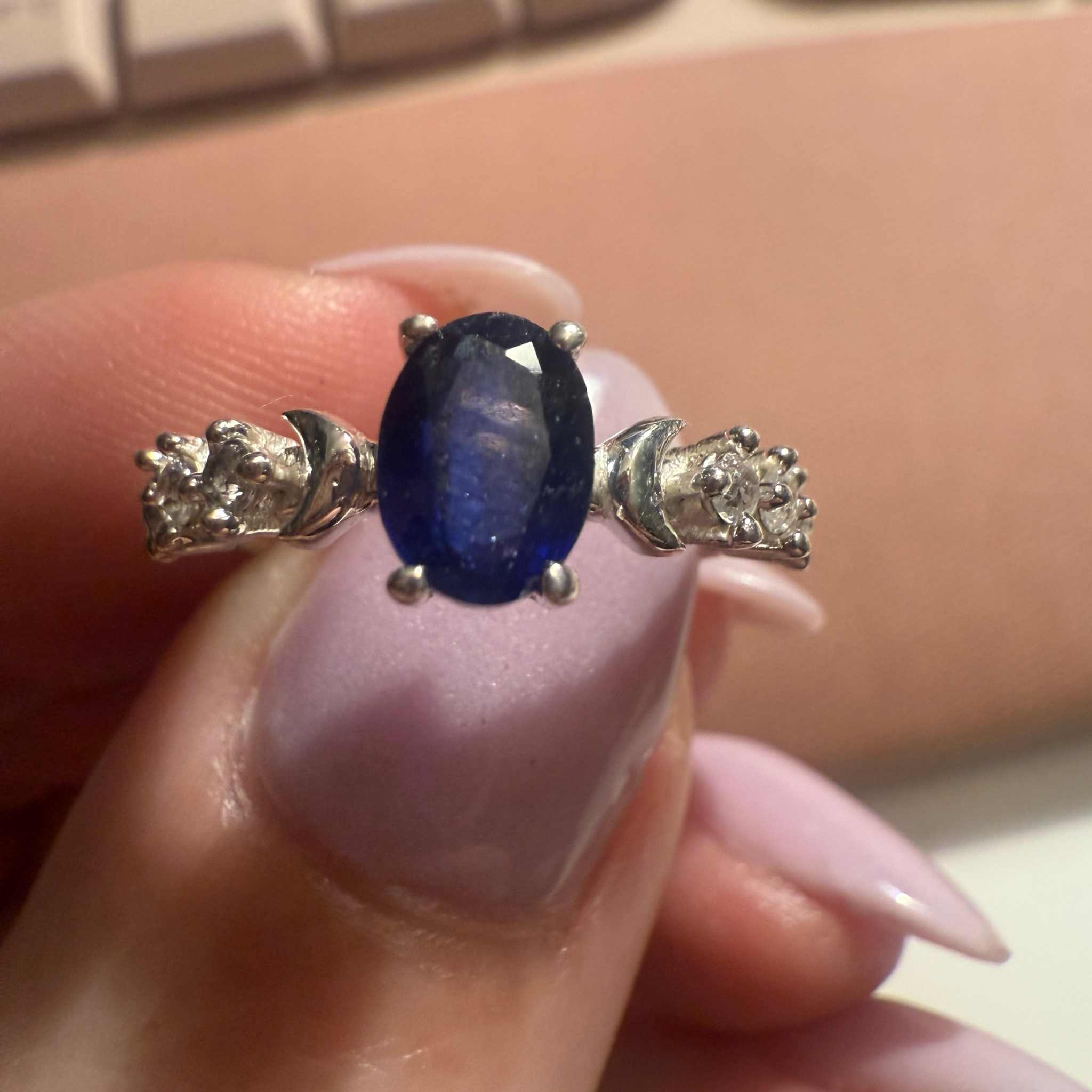 Sterling Silver Sapphire & Crescent Moon Ring – Size 5