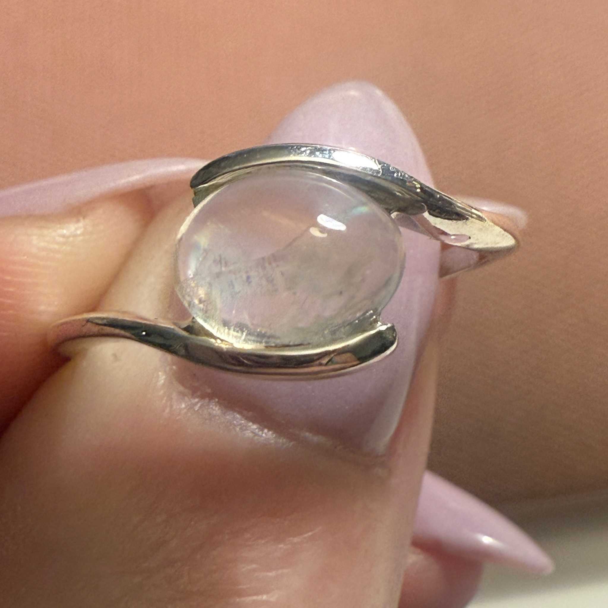 Oval Rainbow Moonstone Ring – Sterling Silver Swirl Setting – Size 9