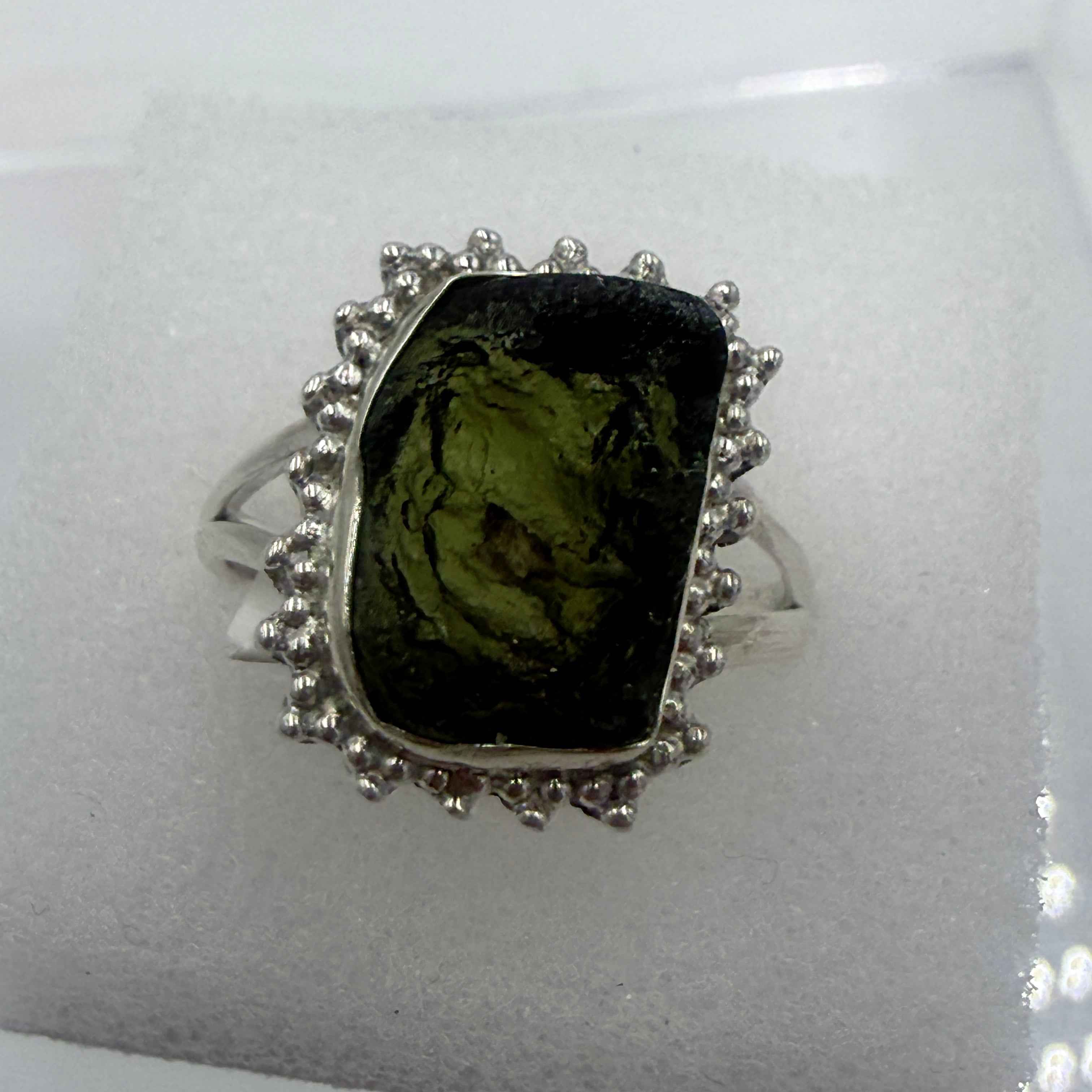 Sterling Silver Split Banded Bezeled Moldavite Ring - Size 9 - Transformation, Growth & Awakening