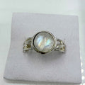 Sterling Silver Rainbow Moonstone Round Ring – Size 8 – Intuition, Clarity & New Beginnings