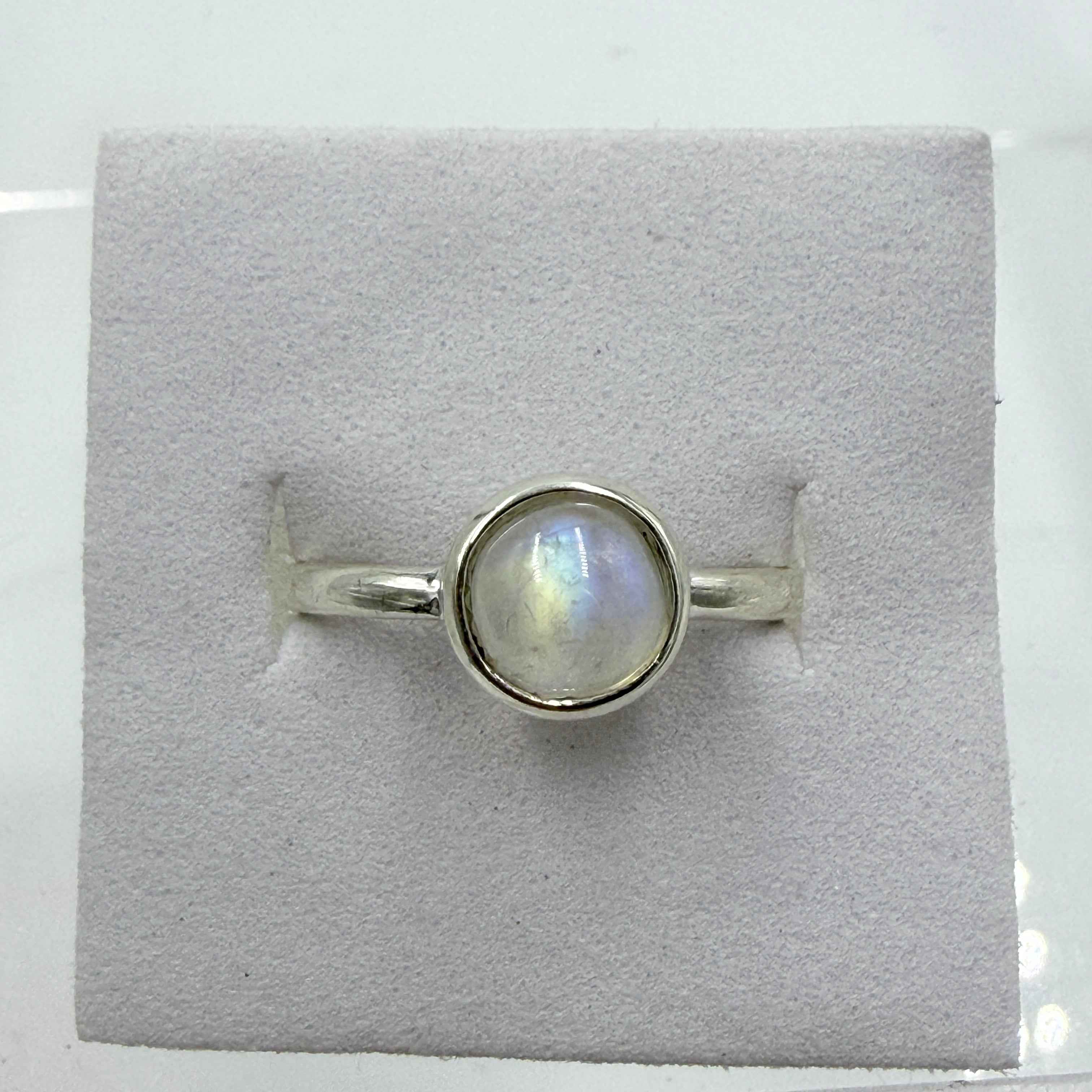 Sterling Silver Rainbow Moonstone Mini Bezel Ring – Size 10 – Intuition, Clarity & New Beginnings