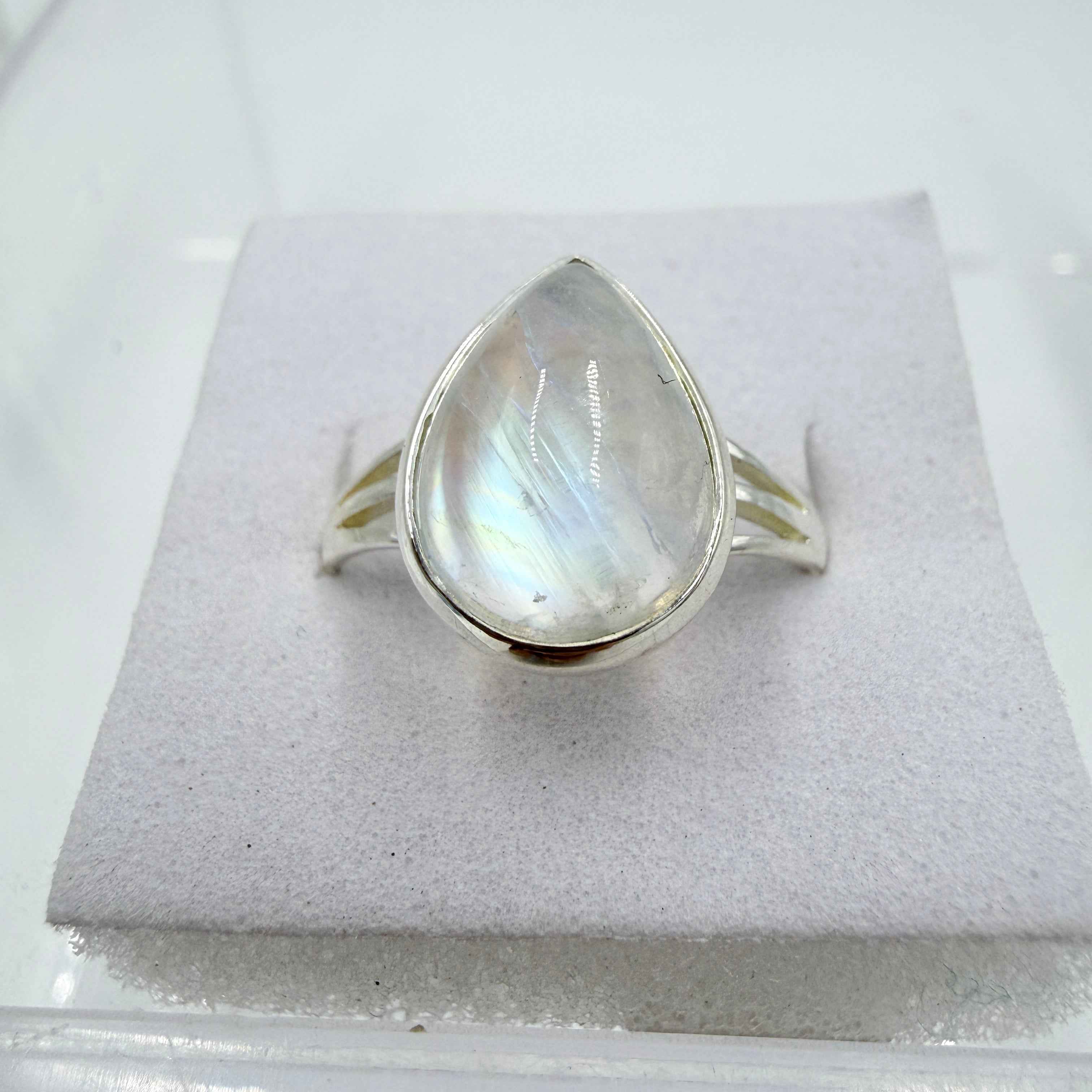 Sterling Silver Rainbow Moonstone Pear Bezel Ring – Size 10 – Intuition, Feminine Energy & New Beginnings