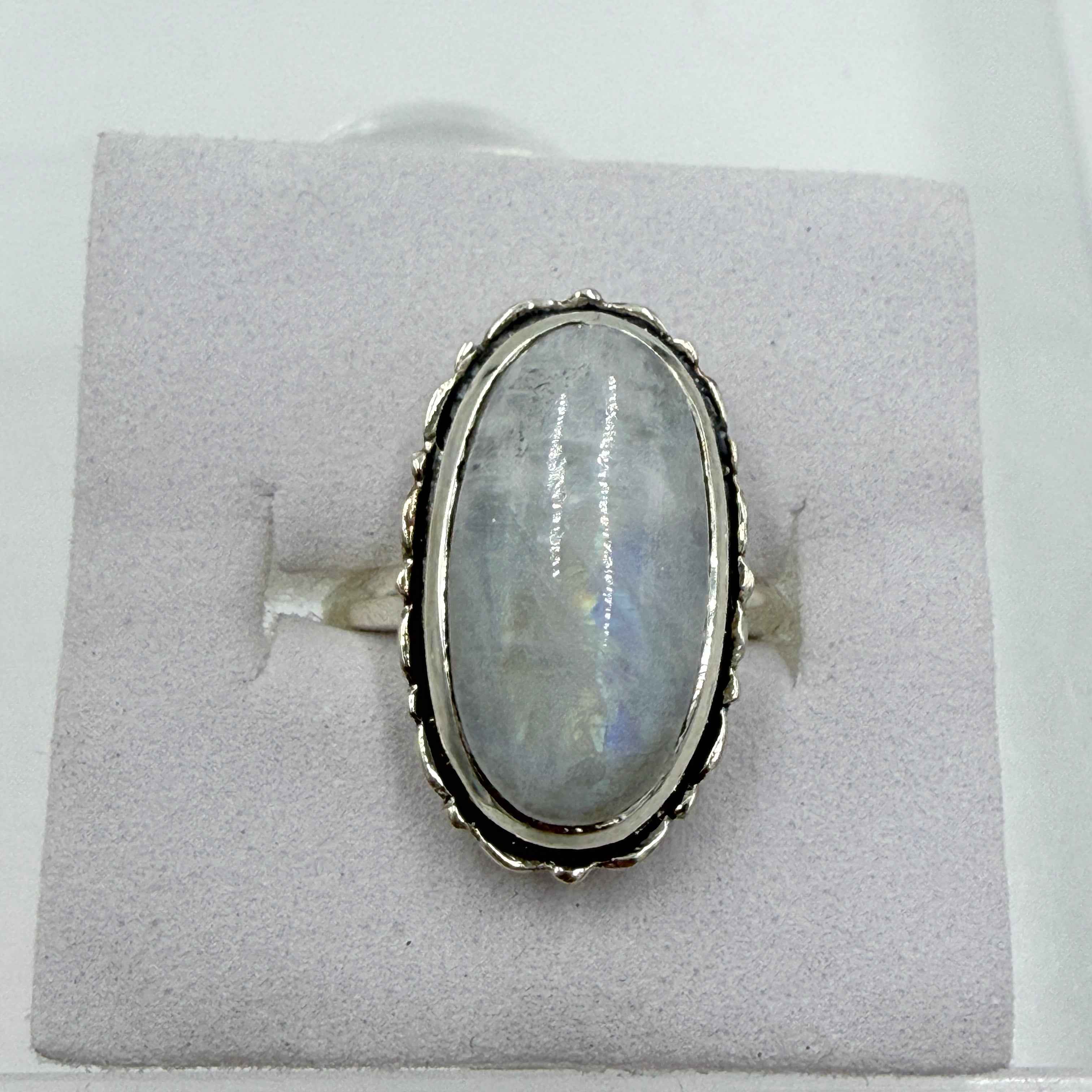 Sterling Silver Rainbow Moonstone Marquise Beaded Ring – Size 6 – Intuition, Divine Feminine & New Beginnings