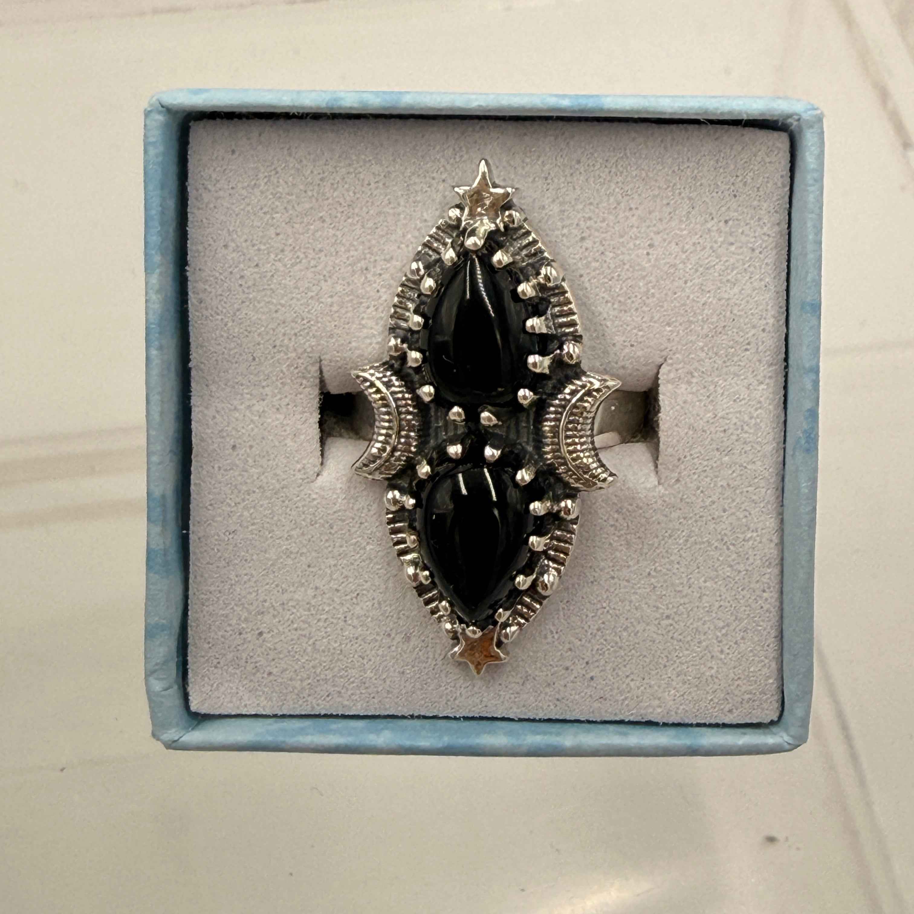 Sterling Silver Double Teardrop Celestial Black Onyx Ring - Size 6 - Protective, Grounding & Stabilizing